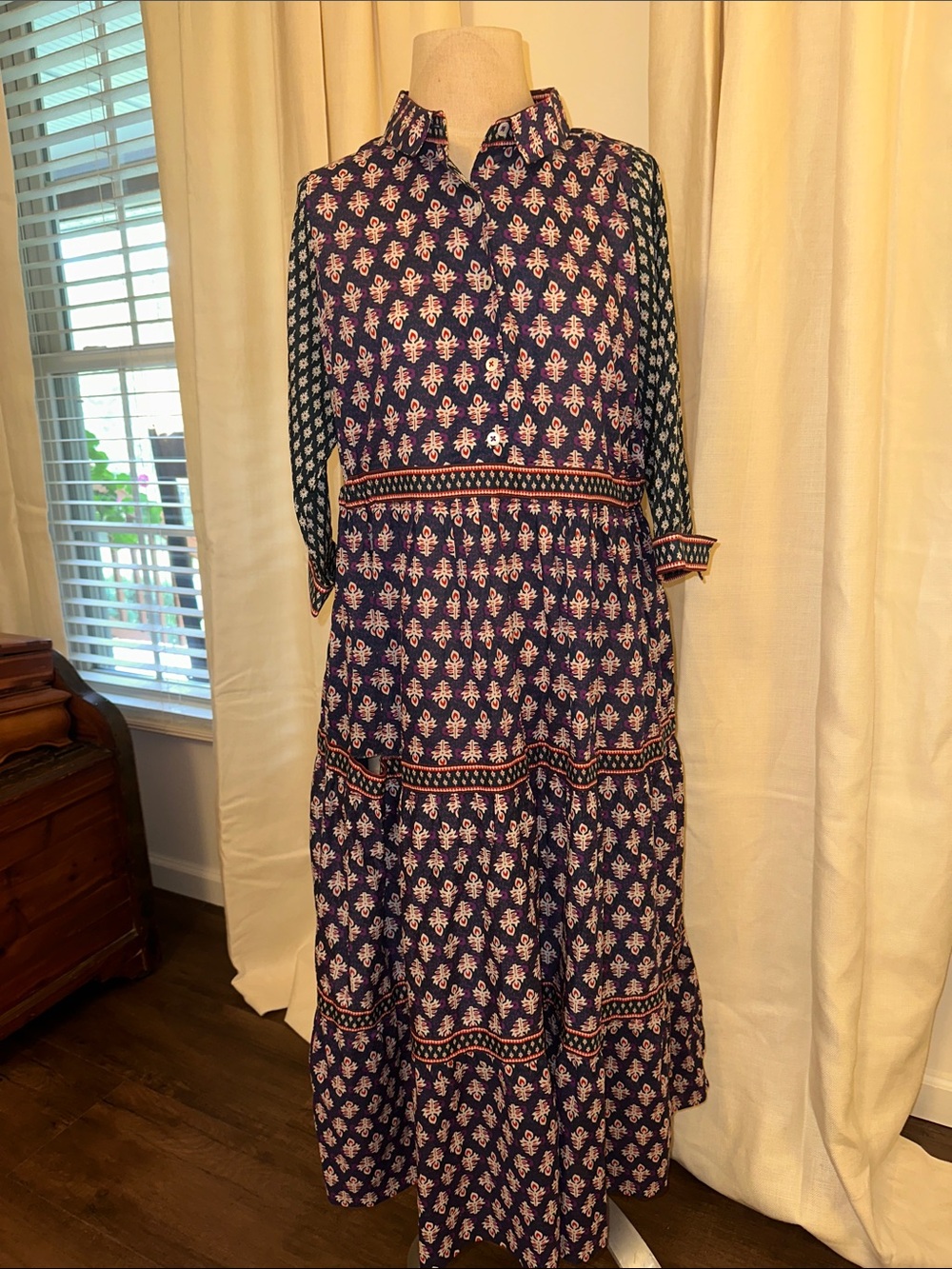 Gretchen Scott Designs Navy Maxi Dress with Pink and Cream Motif
